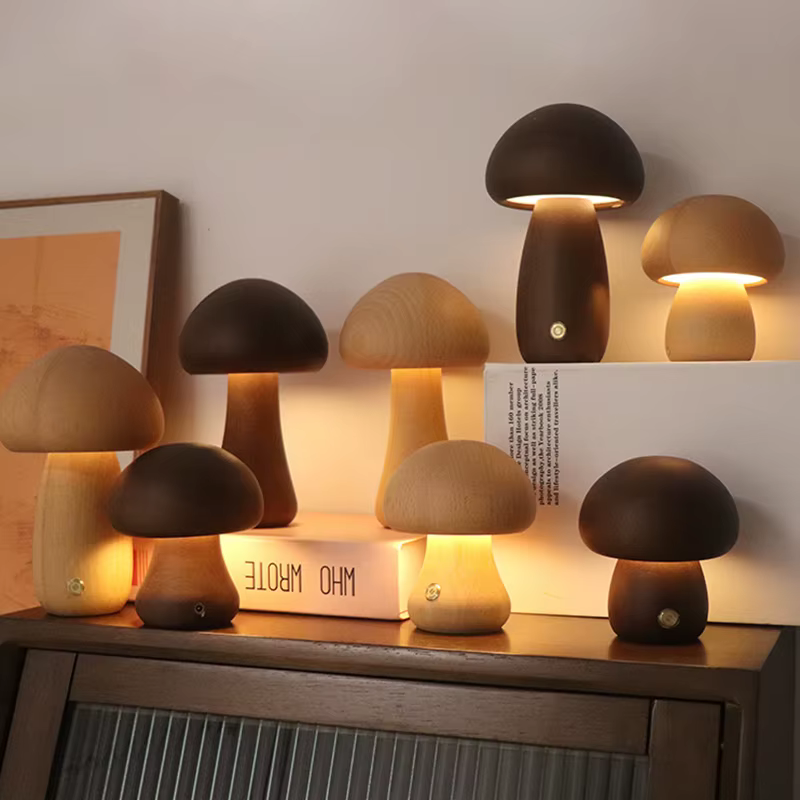 Champignons en bois veilleuse interrupteur tactile chambre lampe de Table de chevet noyer hêtre