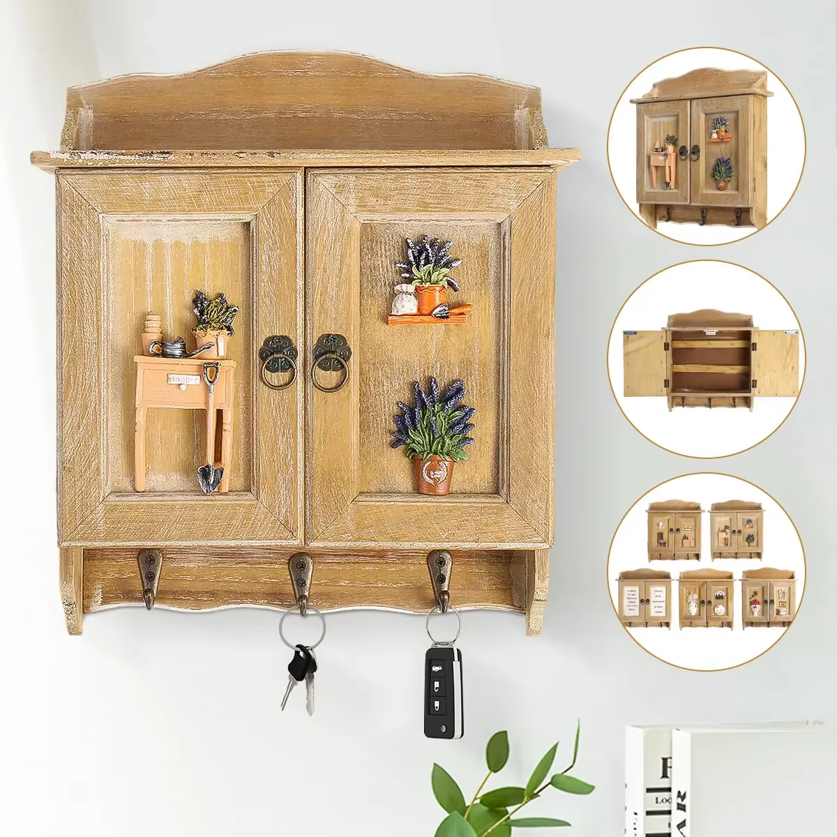 Pour la maison salon décor rétro en bois Double portes boîte à clés organisateur support 9 crochets clé armoire