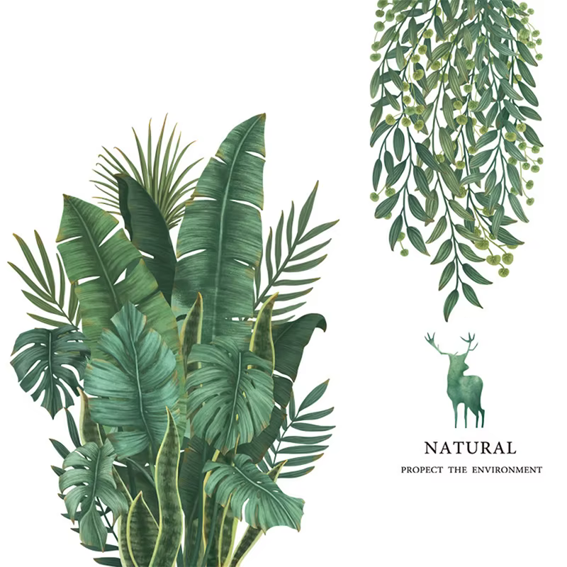 Feuilles vertes Stickers muraux pour la maison salon décoratif vinyle Sticker plantes tropicales bricolage enfant porte peintures murales papier peint