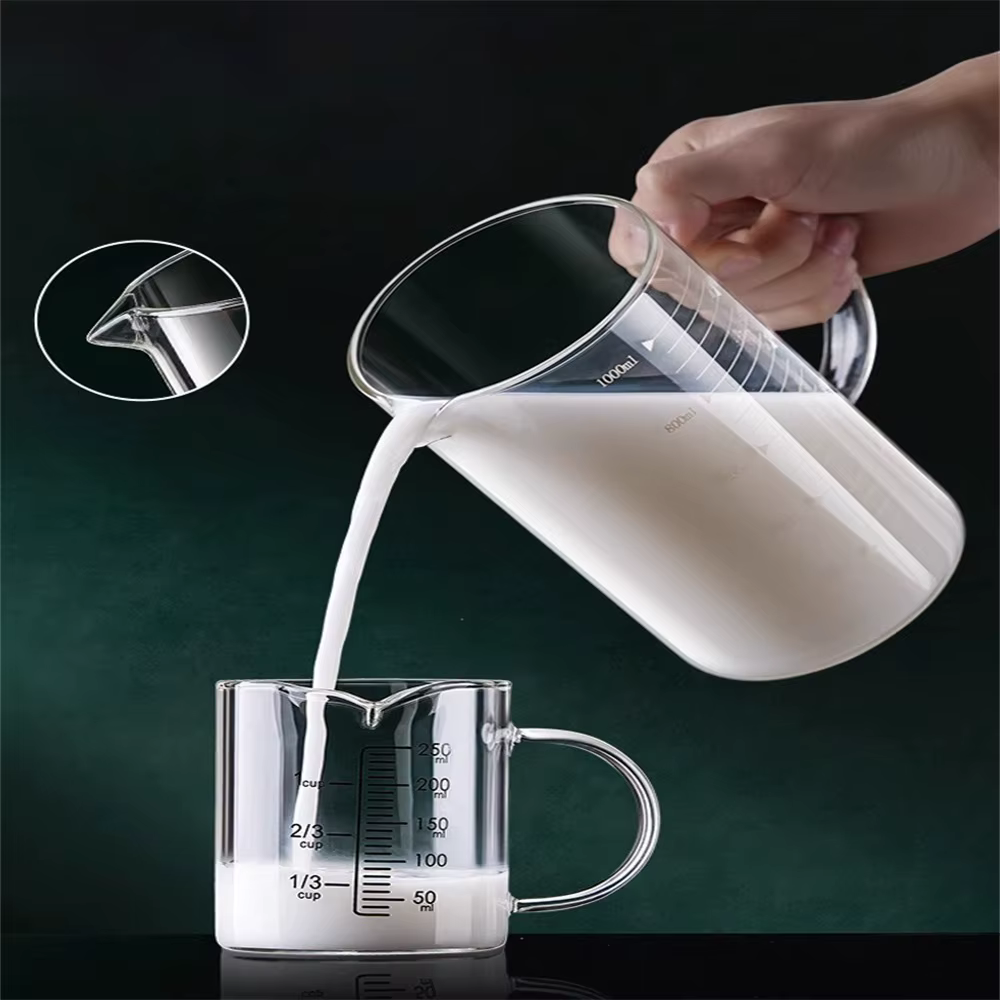 Tasse à mesurer en verre avec poignée 250/350/500/1000 ml, 1 pièce, en verre borosilicate haute résistance, pour lait et café, résistante à la chaleur