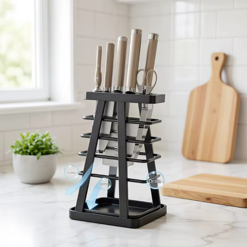Support de rangement carré multifonctionnel pour ustensiles de cuisine, économiseur d'espace, pour outils de découpe, avec égouttoir de comptoir