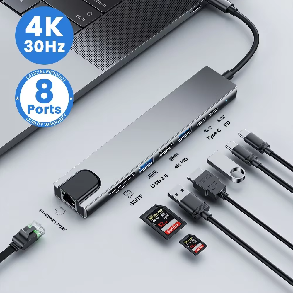 USB C Hub 8In1 7in2 7in1 Type C 3.1 à 4K adaptateur HDMI avec lecteur de carte RJ45 SD/TF PD Charge rapide pour MacBook ordinateur portable
