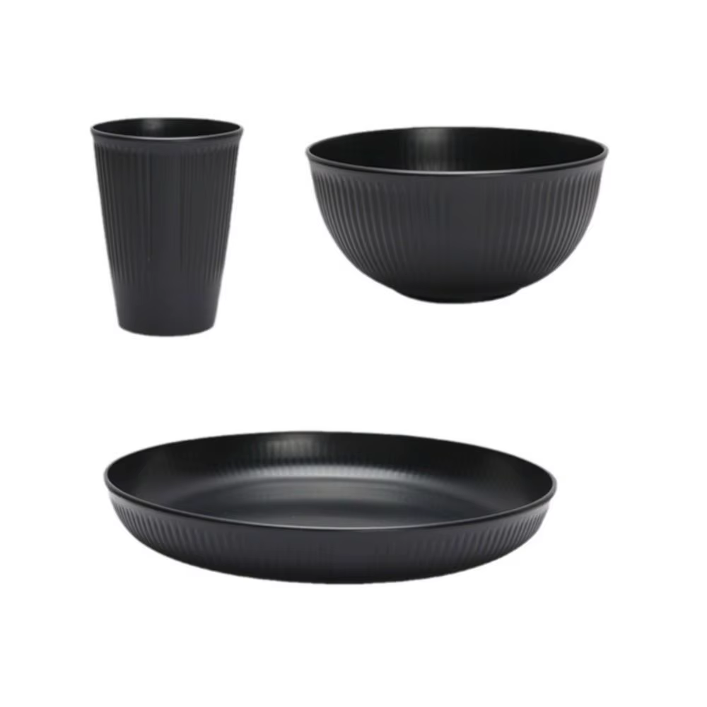 Ensemble de couverts en plastique noir, assiettes, plats à cracher, bol, tasses, camping en plein air, fête