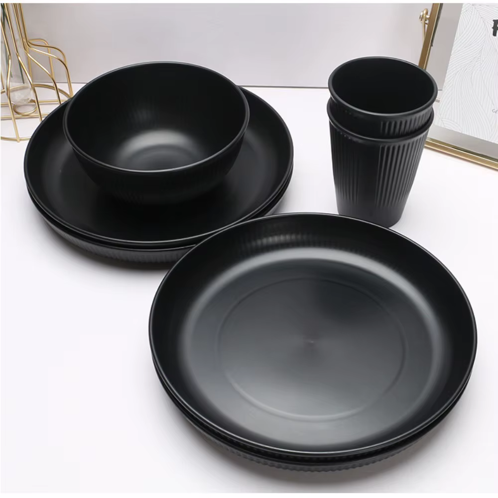 Ensemble de couverts en plastique noir, assiettes, plats à cracher, bol, tasses, camping en plein air, fête