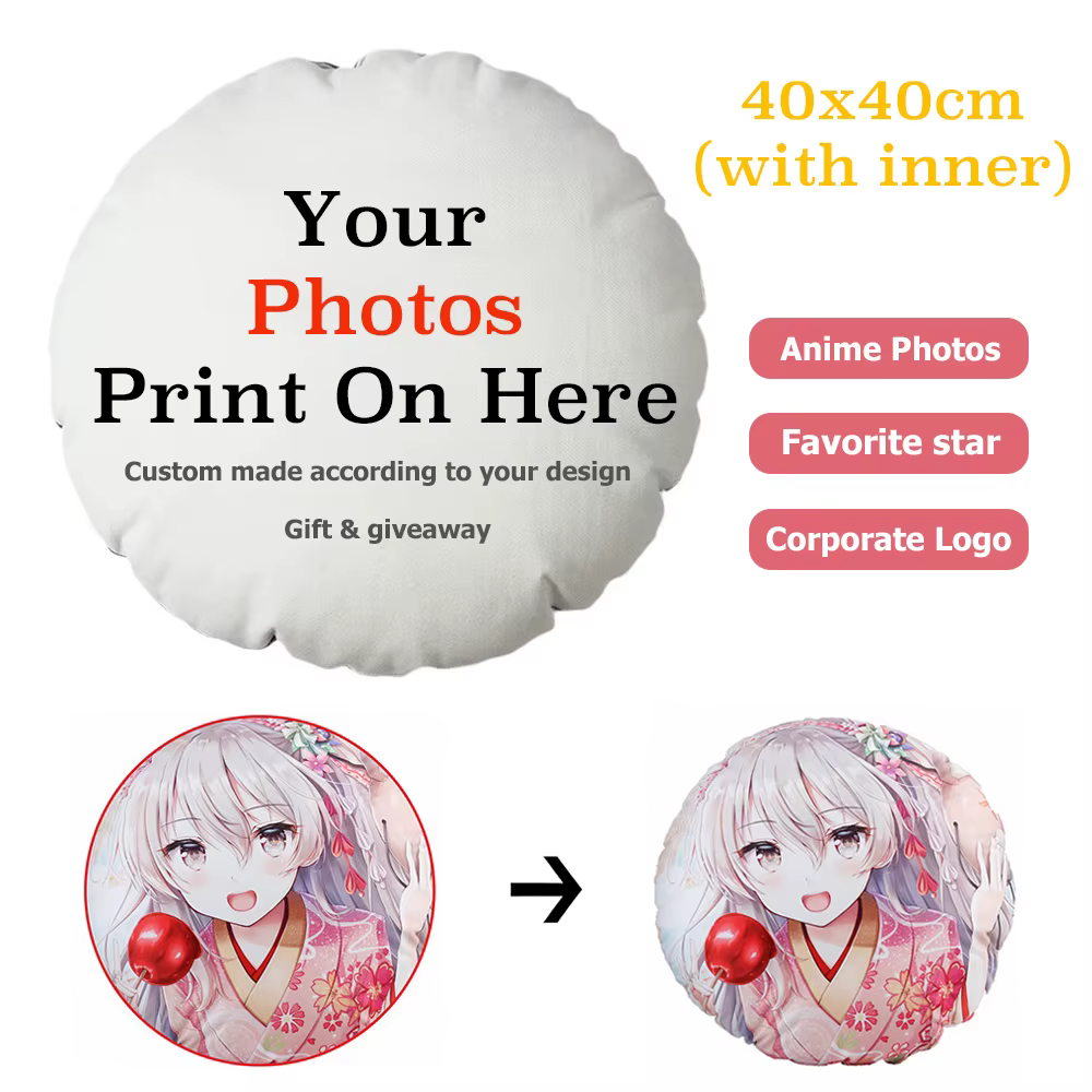 Coussin rond personnalisé - Personnalisez votre photo, votre logo, votre image d'anime ou d'idole, coussin en peluche doux pour la maison/la voiture/le bureau, cadeau personnalisé 1 pièce