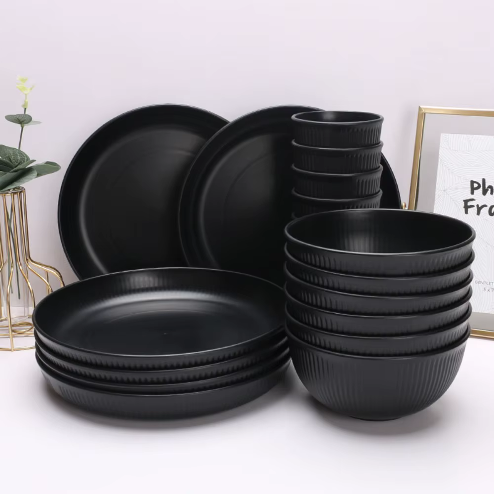 Ensemble de couverts en plastique noir, assiettes, plats à cracher, bol, tasses, camping en plein air, fête