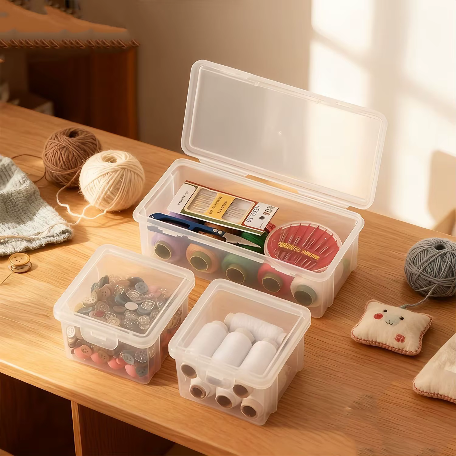 Boîte de rangement multifonctionnelle en plastique transparent pour outils de couture