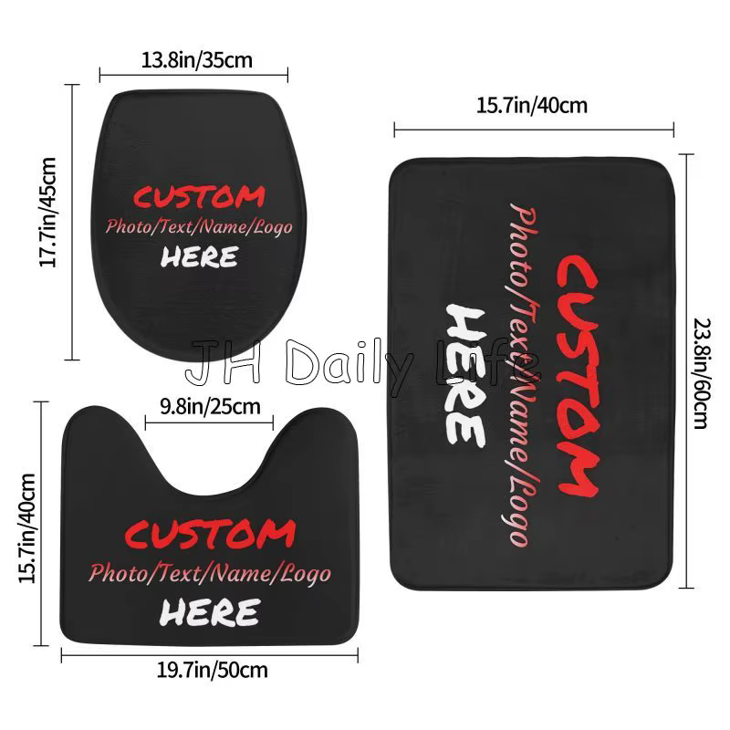 Ensemble de Polymères de Bain Personnalisés avec Votre Photo, Logo, Nom, Tapis de Coureur Antidérapant, Juste de Siège de Toilette en Forme de U, 3 Pièces