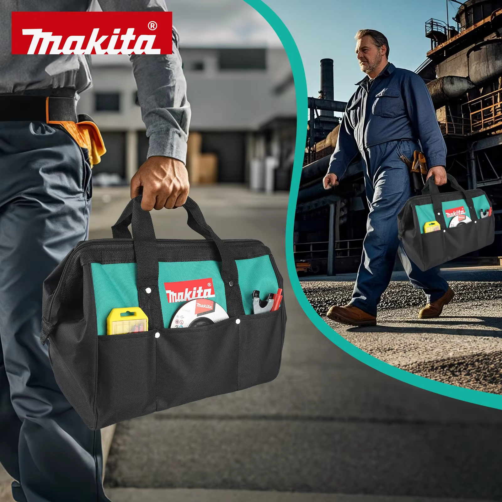 Sac de rangement d'outils polyvalent Makita M368-1 avec base robuste et plusieurs poches extérieures pour tous vos outils essentiels sur le chantier