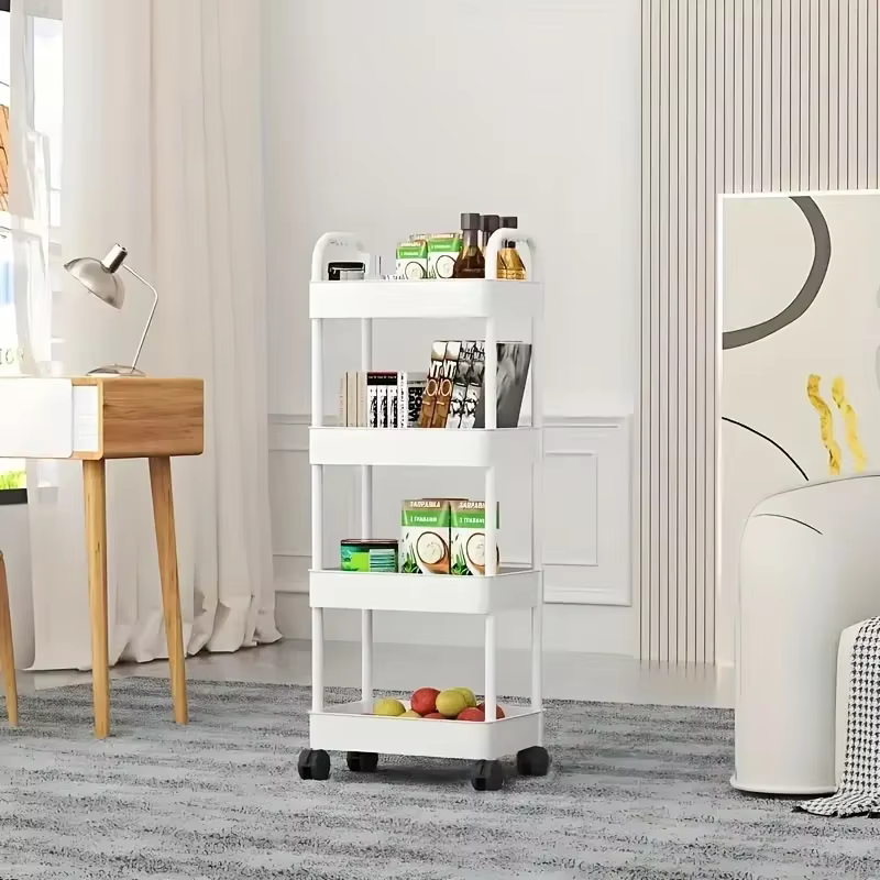 Chariot de rangement multifonctionnel blanc à roulettes : Étagères ouvertes pour espaces de vie, présentoir à livres, idéal pour la cuisine, la chambre à coucher, rangement et décoration