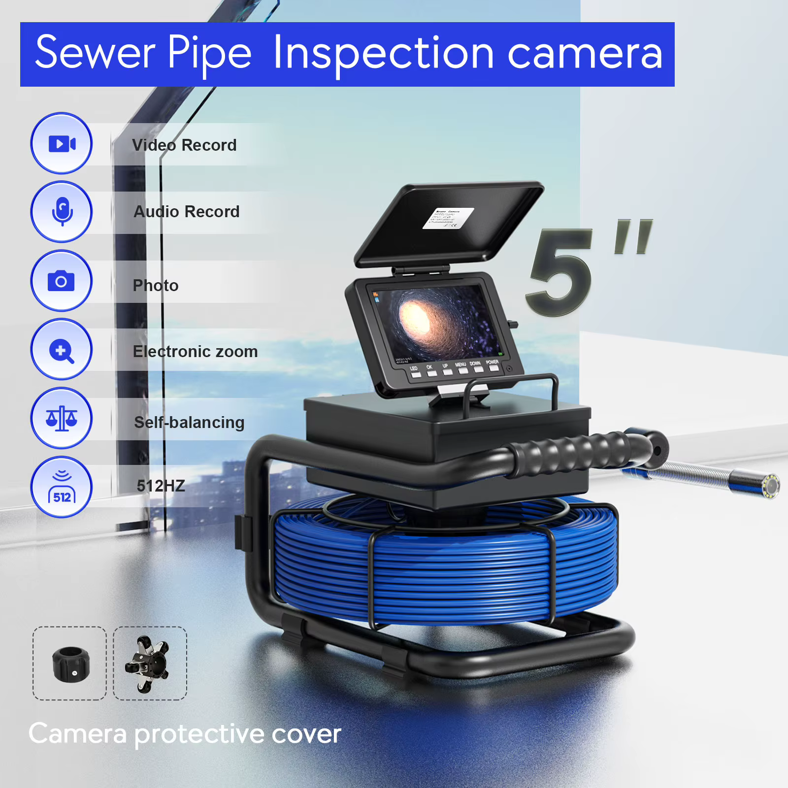 Caméra d'inspection de tuyaux 5 pouces + transmetteur 512HZ à nivellement automatique + enregistrement Audio +