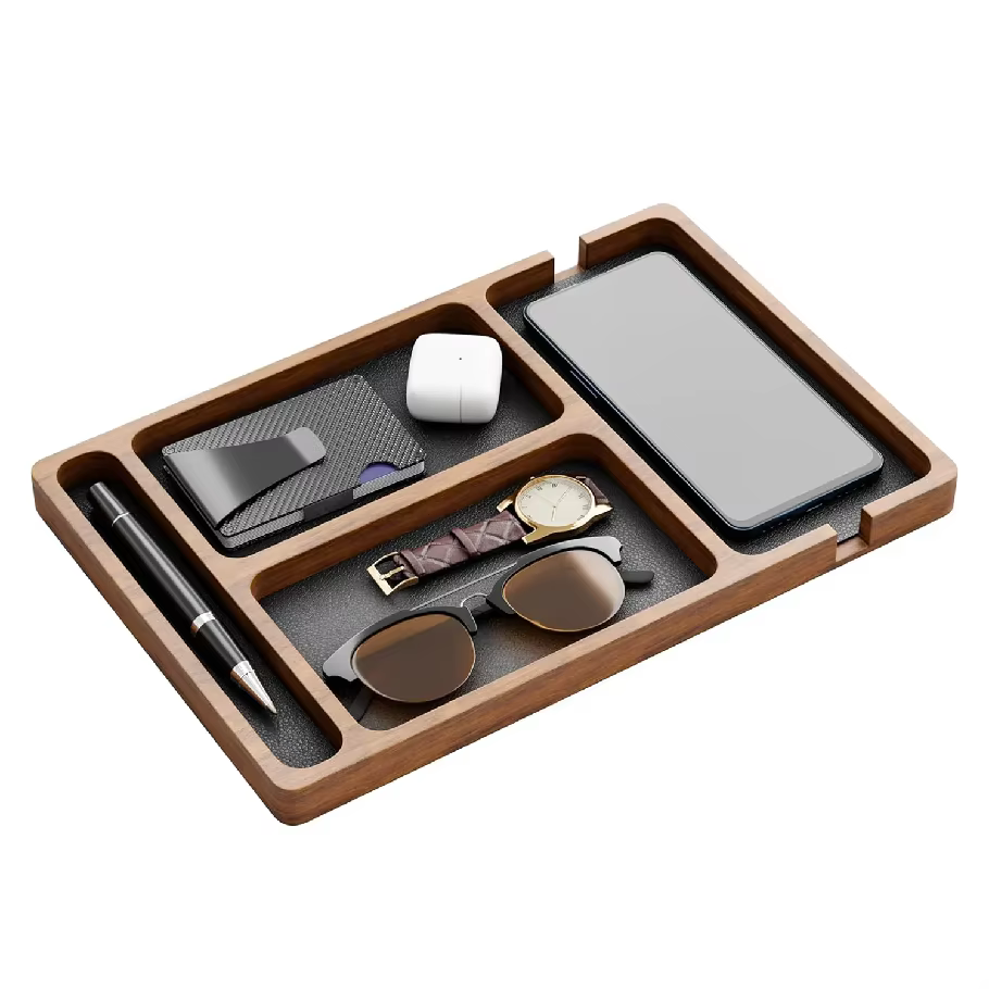 Boîte de rangement de bureau en bois massif avec compartiments, pour téléphone portable, écouteurs et autres petits objets, plateau de rangement en bois
