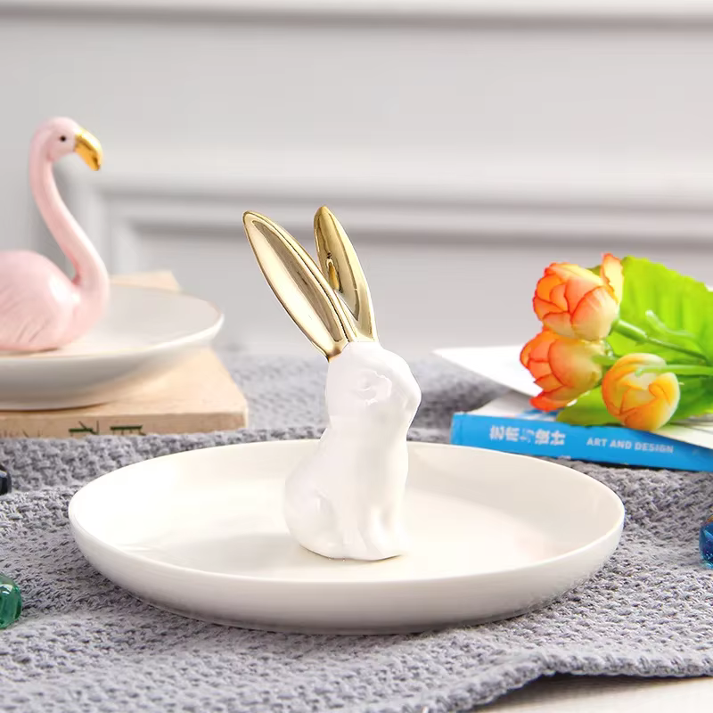 Coiffeuse de style européen, animal doré, cheval, lapin, plateau de rangement de bijoux en céramique, boîte de rangement de bijoux