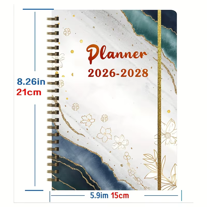 2026-2028 Planificateur mensuel de 3 ans | Spreads de 3 mois avec pages de contact | Reliure en spirale 21x15cm | Texte