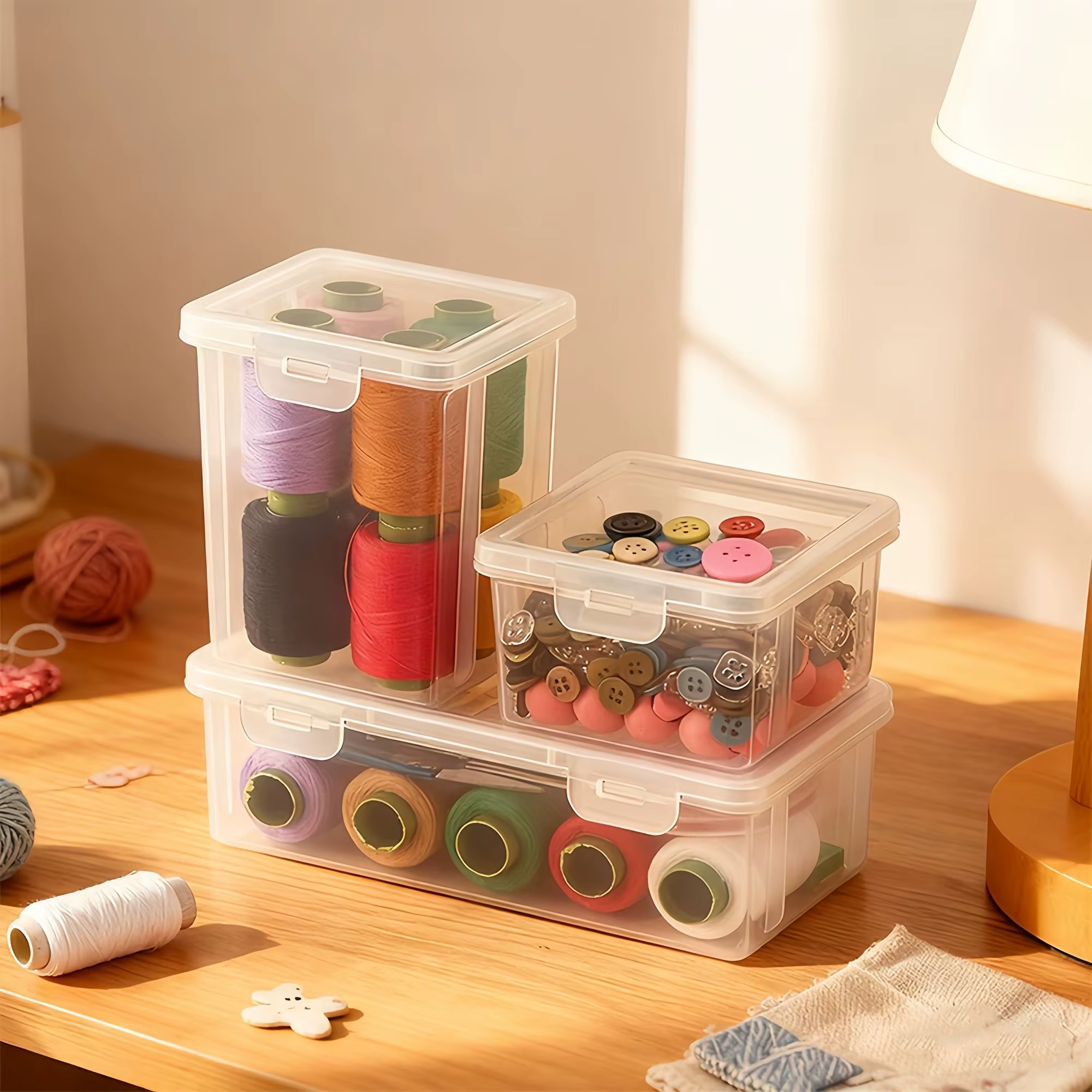 Boîte de rangement multifonctionnelle en plastique transparent pour outils de couture