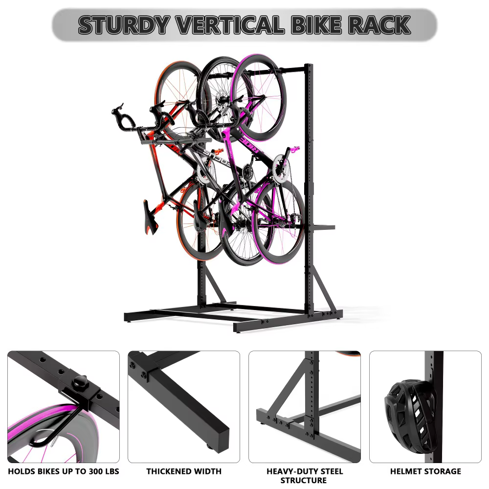 Support de vélo autoportant, support de rangement vertical pour vélos, pour garage, organisateur de vélos d'intérieur avec crochets réglables pour 5 vélos
