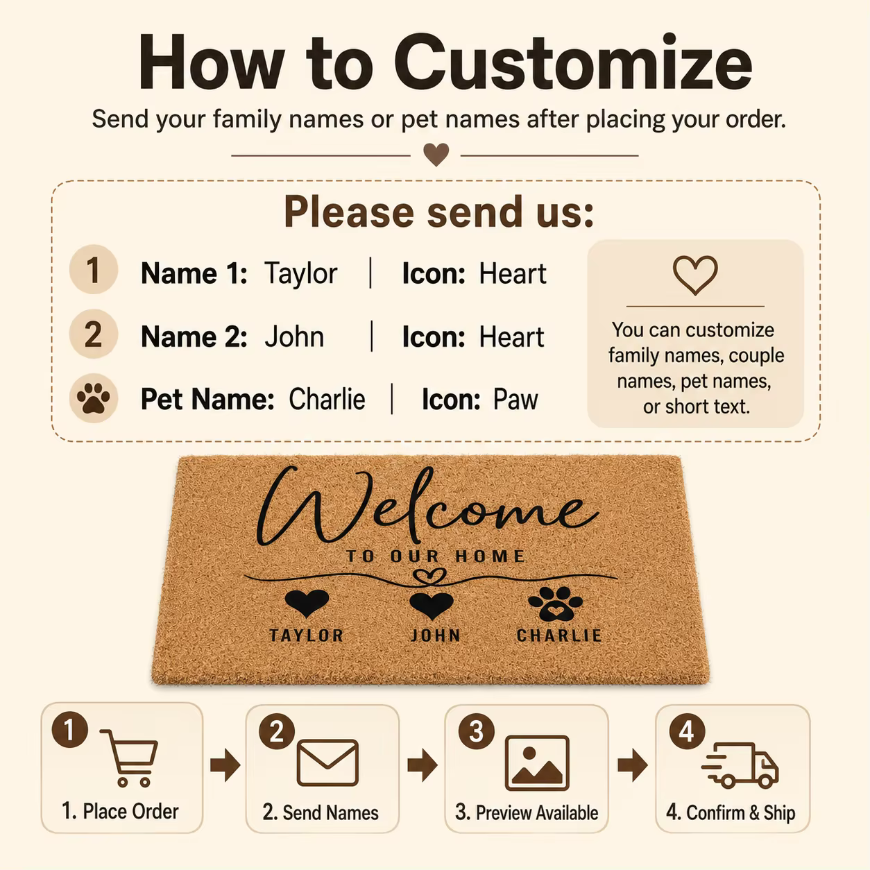 Tapis de porte personnalisé avec nom, aspect fibre de coco, tapis de bienvenue pour la famille et les animaux, antidérapant, pour l'entrée de la maison, décoration extérieure