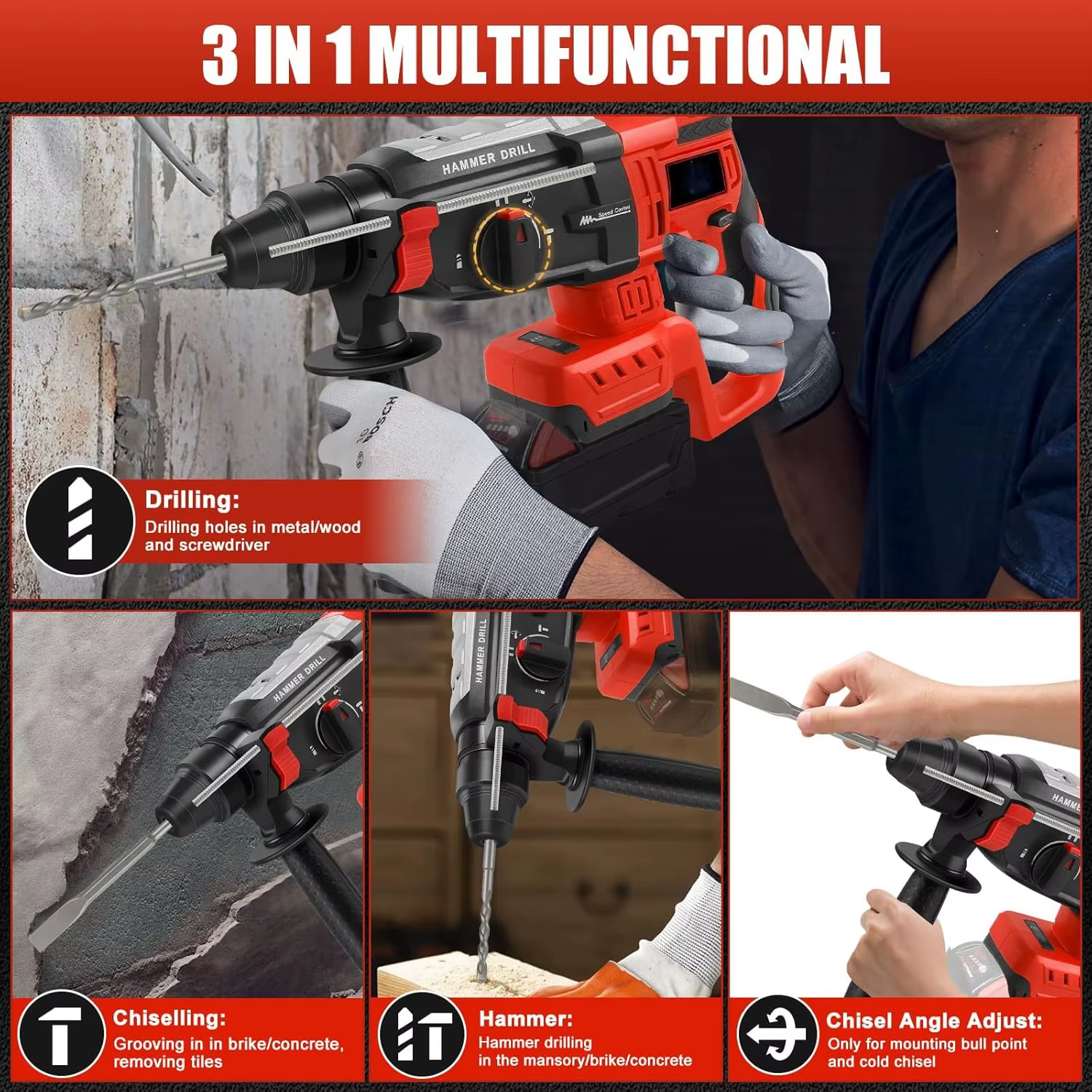 Marteau perforateur rotatif pour perceuse à percussion Milwaukee M18 2.6J avec 4 modes 360° ° Moteur sans balais avec