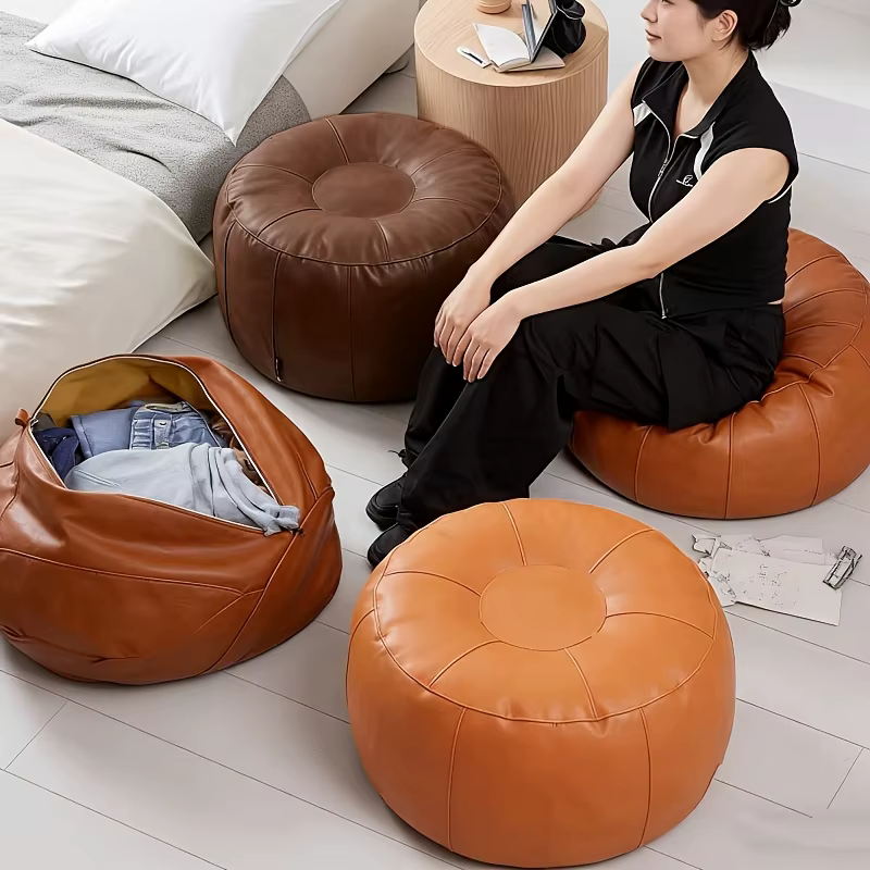 Pouf de rangement en cuir PU, non rembourré, rond, à remplir de vêtements, grande capacité, minimaliste, repose-pieds de canapé