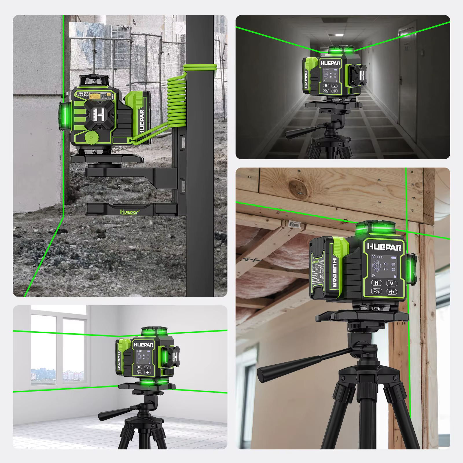 Niveau laser Huepar W04CG 4D 16 lignes à faisceau vert auto-nivelant avec écran tactile LCD