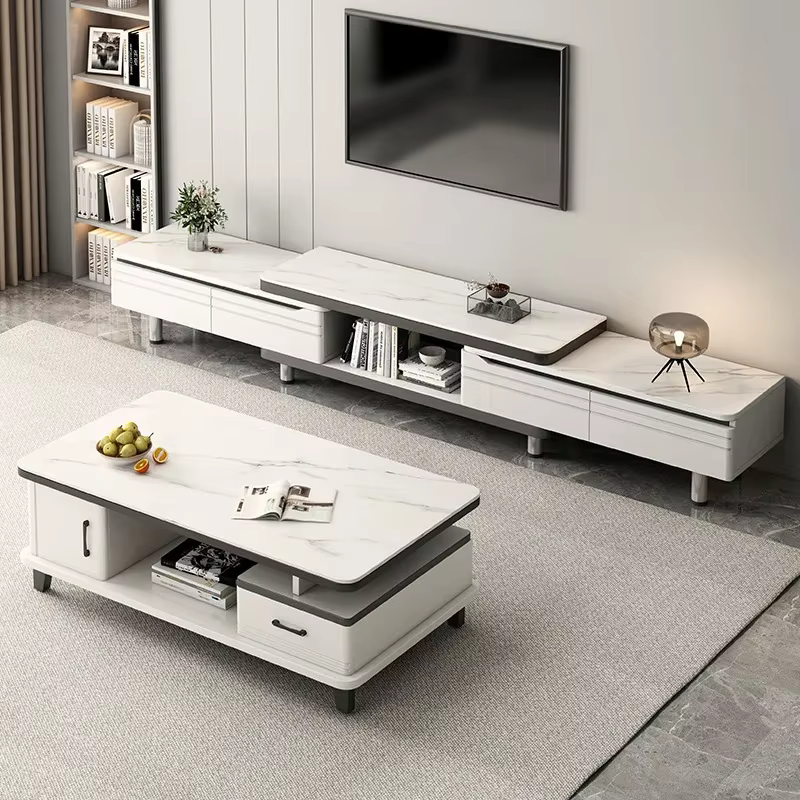Meuble TV LED moderne pour téléviseurs, table basse, étagères en verre et tiroir, centre de divertissement de jeu avec plusieurs armoires