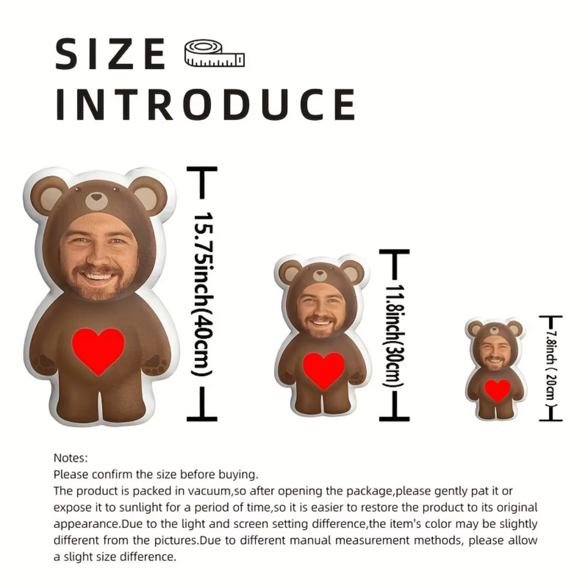 Coussin en peluche personnalisé avec photo - Cadeau personnalisé en forme d'ours avec votre visage, un cadeau indispensable pour les amis