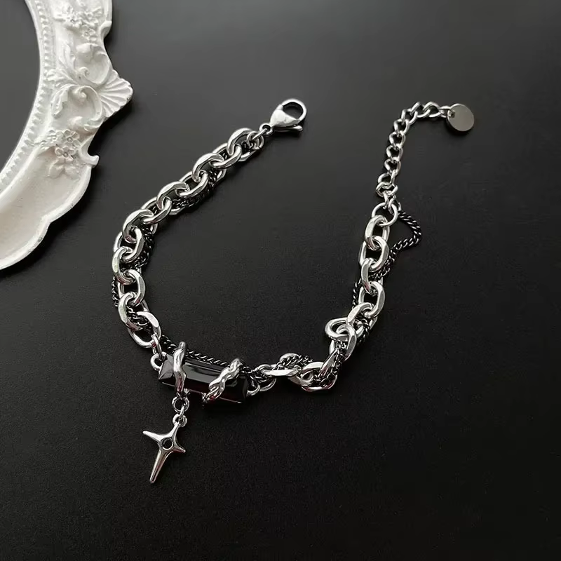 Bracelet rétro en Zircon noir pour hommes et femmes, chaîne étoile, Punk, en acier inoxydable, à portée de main, unisexe, bijoux, accessoires de Couple, 2024