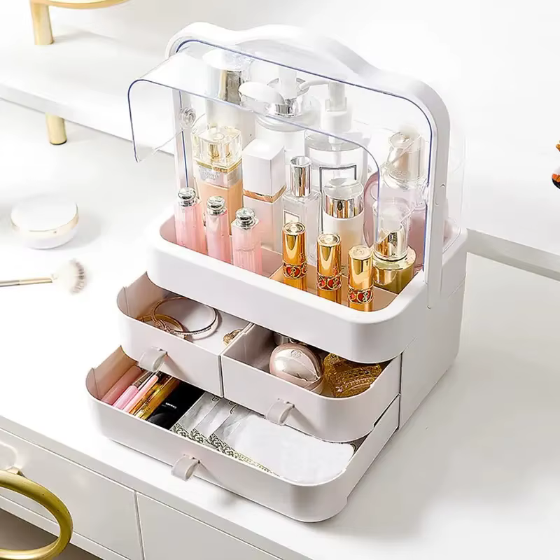 Organisateur de Comptoir de Coiffeuse avec Couvercle, Tiroir Étanche et Anti-Poussière, Boîte de Rangement pour Soins de la Peau, Présentoir de Maquillage