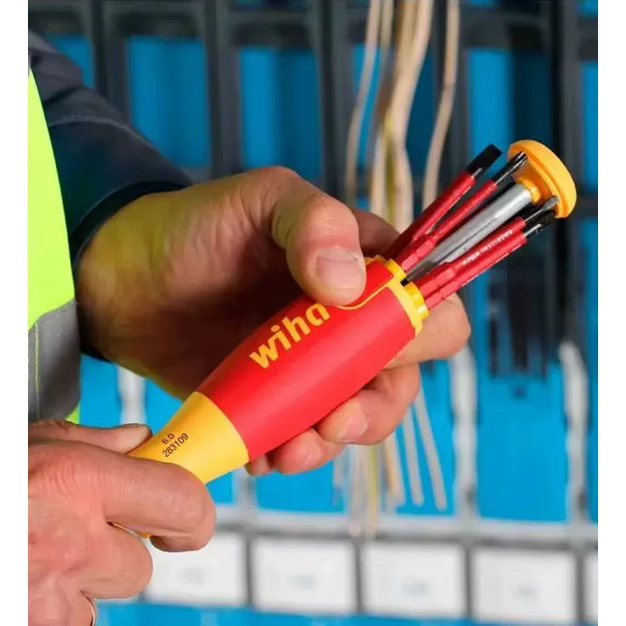 Tournevis isolé 6-en-1 WIHA 38611 1000V | Outil de réparation pour électricien avec 6 embouts fins et un porte-embouts