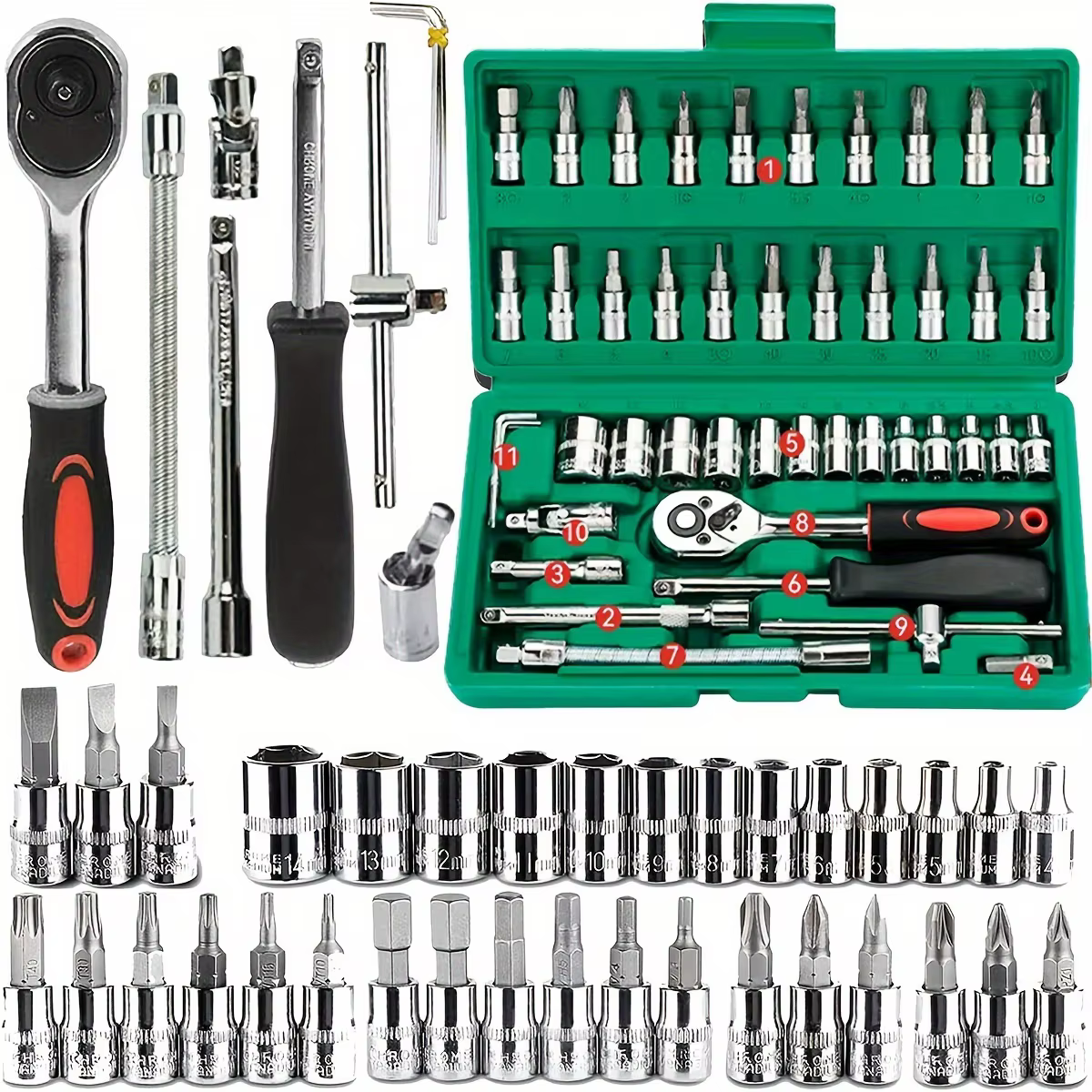 46 pièces outils familiaux 1/4 ensemble Kits d'outils mécaniques pour réparation automobile Hous avec douilles jeu
