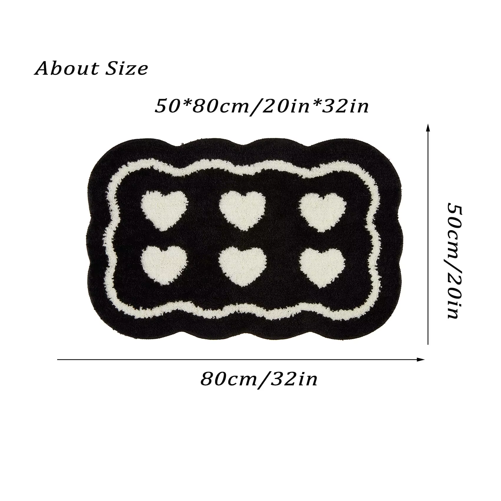 Tapis de salle de bain modernes antidérapants noirs avec tapis blancs, motif cœur amusant, lavables, en microfibre, ensemble d'accessoires de salle de bain, tapis de sol en caoutchouc pour la douche