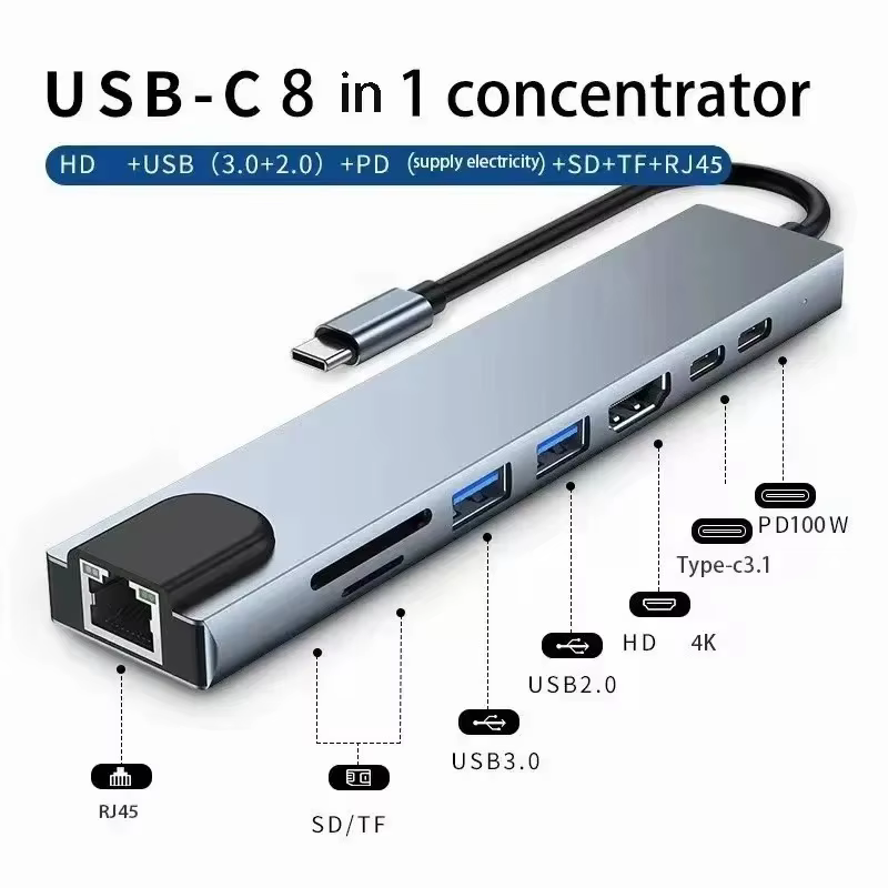 USB C Hub 8In1 7in2 7in1 Type C 3.1 à 4K adaptateur HDMI avec lecteur de carte RJ45 SD/TF PD Charge rapide pour MacBook ordinateur portable