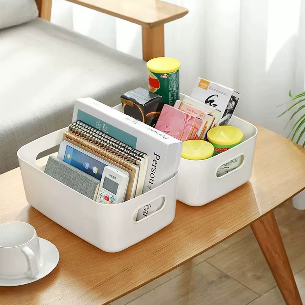 Boîte de rangement en plastique avec poignées, organiseur de bureau, panier de rangement multifonction pour jouets et articles divers, conteneur d'organisation pour la maison et le bureau