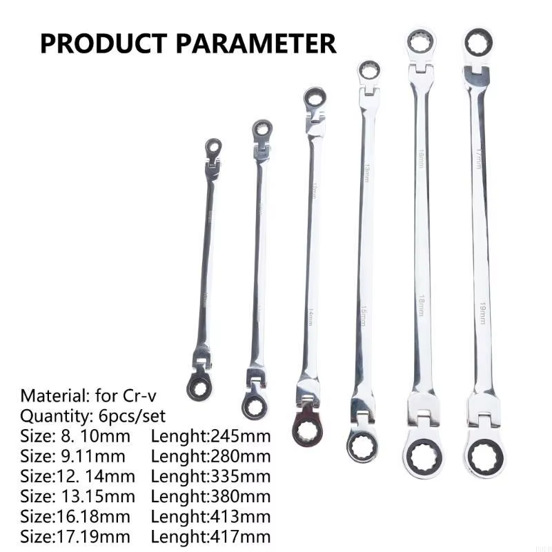 P9FB 6 pièces clés à cliquet longues à tête flexible Double extrémité boîte en acier Chrome Vanadium jeu