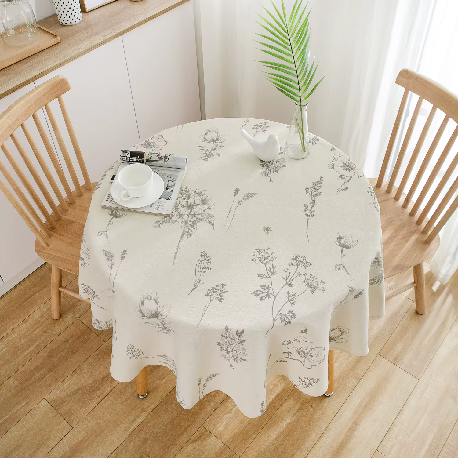 Nappe Ronde en Coton et Lin à Imprimé Botanique Naturel – Housse de Table Décorative pour Cuisine