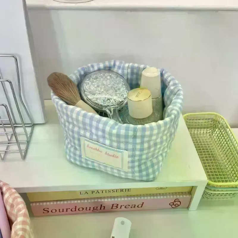 Panier de rangement en tissu à carreaux et rayures