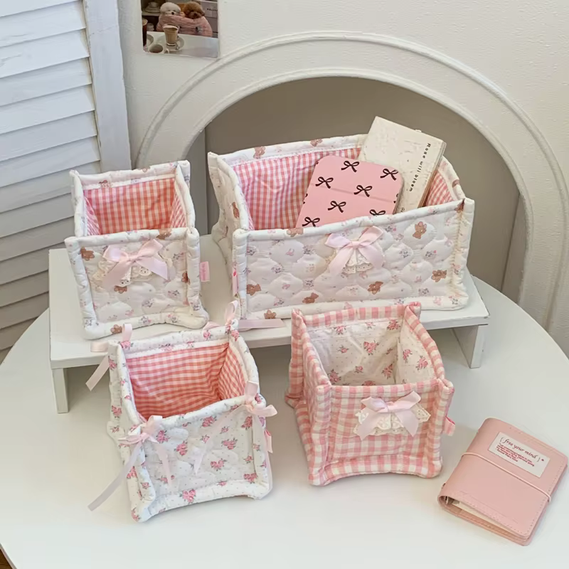 Panier de rangement matelassé pliable en tissu avec jolie décoration en nœud