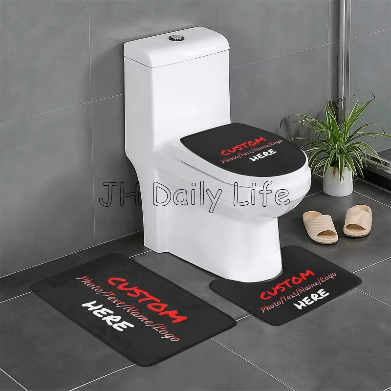 Ensemble de Polymères de Bain Personnalisés avec Votre Photo, Logo, Nom, Tapis de Coureur Antidérapant, Juste de Siège de Toilette en Forme de U, 3 Pièces