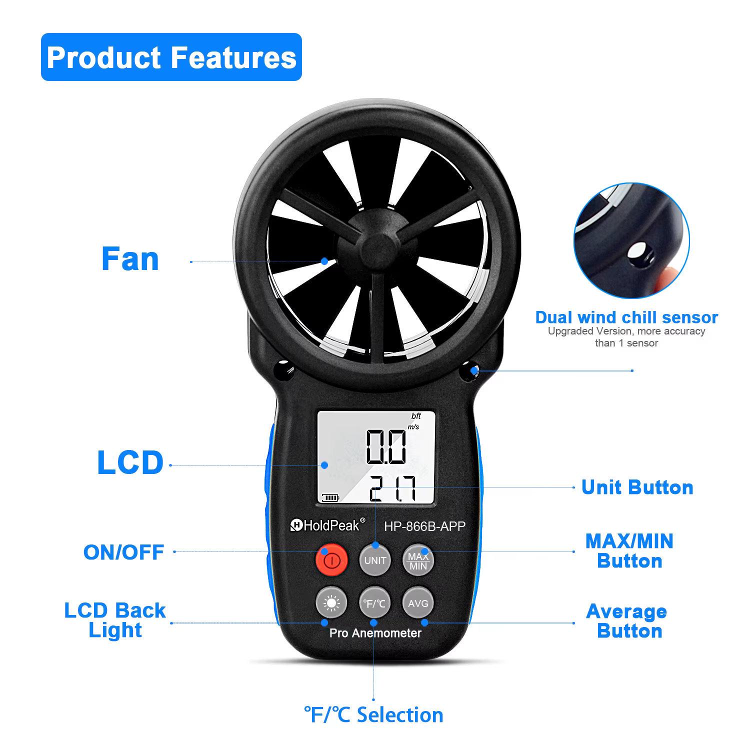Anémomètre numérique 0.3 ~ 30 m/s avec application Mobile, mesure de la vitesse du vent, outils de test de température, HoldPeak HP-866B-APP