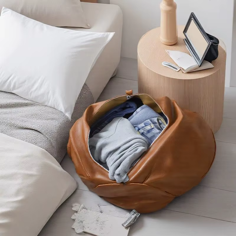 Pouf de rangement en cuir PU, non rembourré, rond, à remplir de vêtements, grande capacité, minimaliste, repose-pieds de canapé