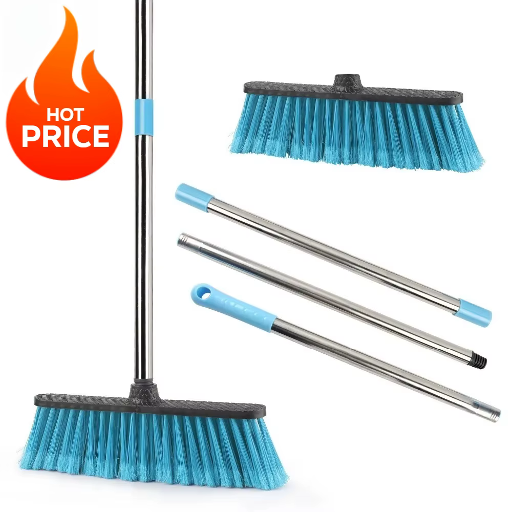 Balai de nettoyage de sol avec manche long réglable, balais à coulis à poils rigides, épurateur pour nettoyer la salle de bain, la cuisine et le cour