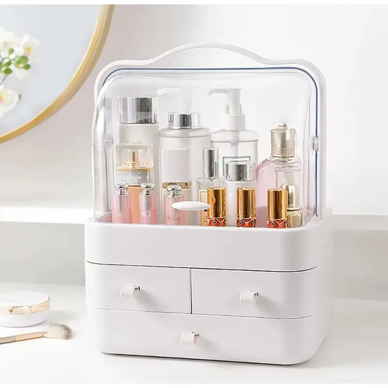 Organisateur de Comptoir de Coiffeuse avec Couvercle, Tiroir Étanche et Anti-Poussière, Boîte de Rangement pour Soins de la Peau, Présentoir de Maquillage