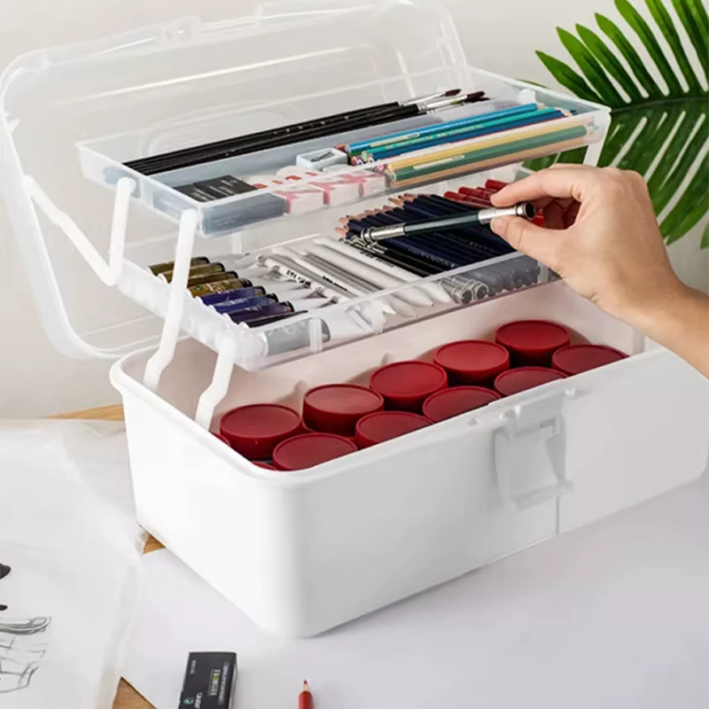 Mallette de transport de boîte à outils d'art à trois niveaux – organise les pinceaux