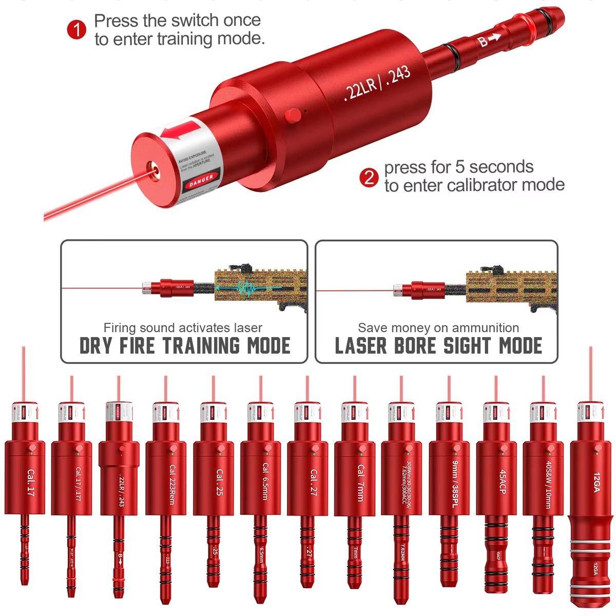 Tactique 22LR 9mm 30-30.25.27.177 7mm 223rem 7.62x39 12GA balle d'entraînement Laser point rouge alésage vue Airsoft bouchons à pression de feu sec