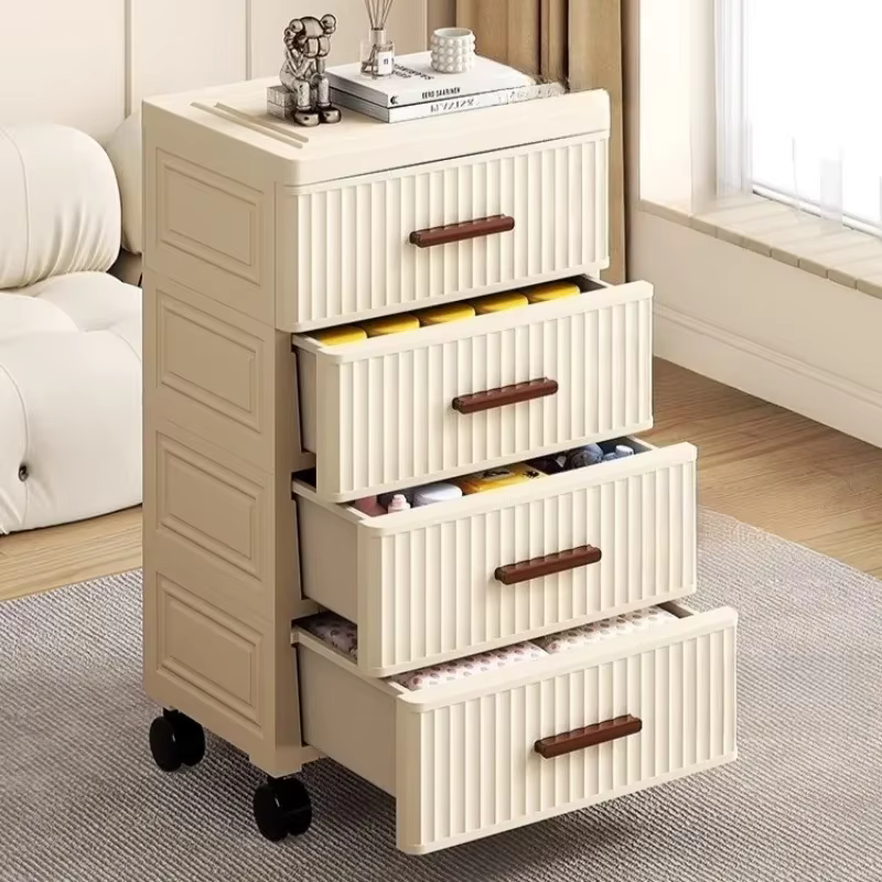 Armoire de rangement haute en plastique avec tiroirs, unité d'organisation sur pied pour chambre et salon, commode moderne multi-niveaux avec roulettes