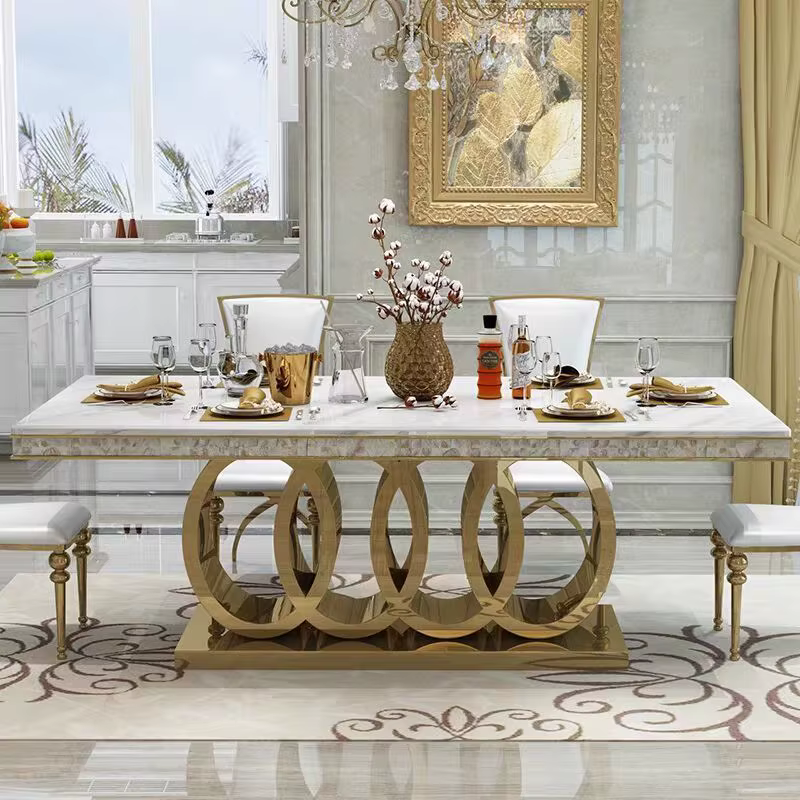 Ensemble de table à manger rectangulaire en marbre de luxe moderne haut de gamme pour hôtels et restaurants, mobilier élégant pour salle à manger