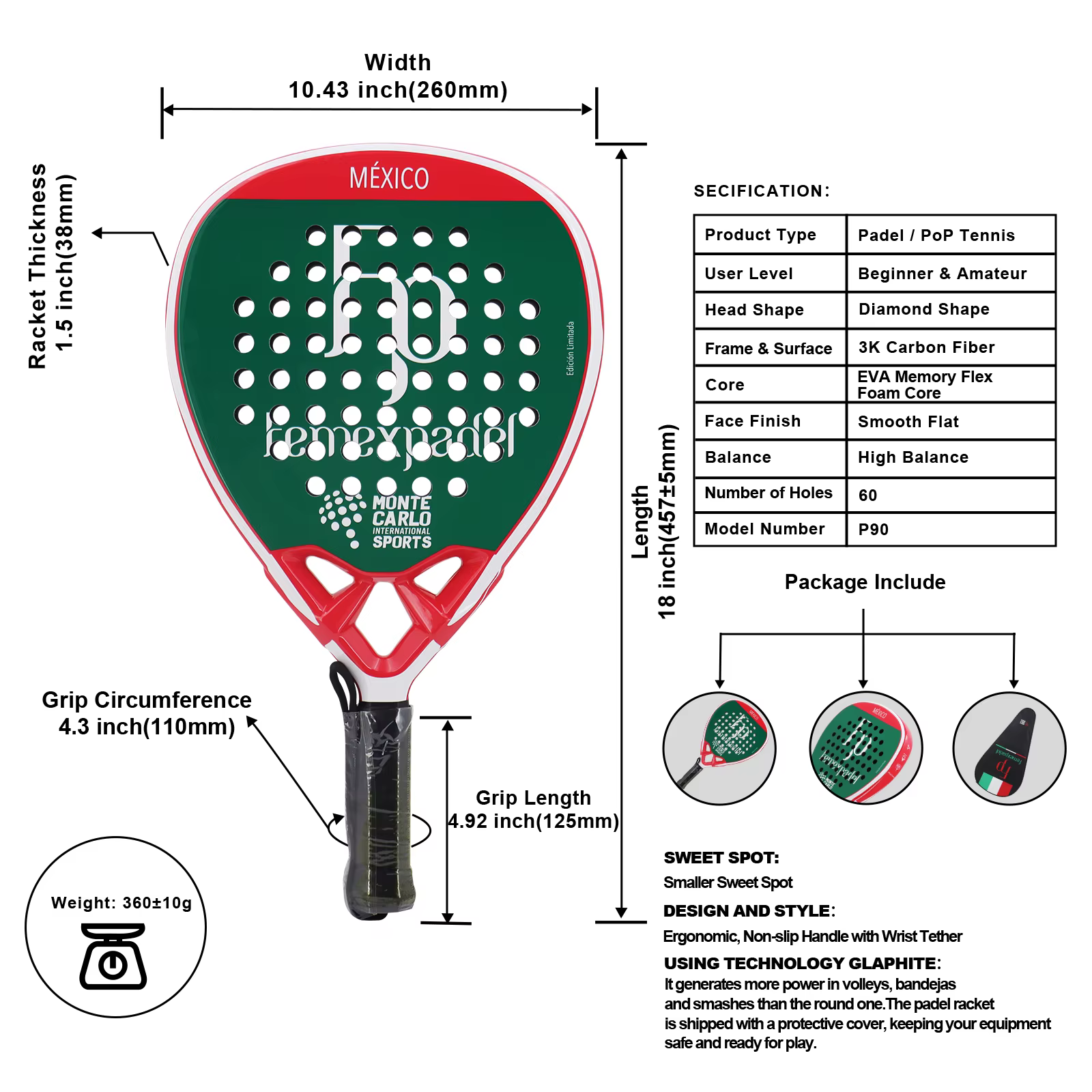 Raquettes de Padel entièrement en carbone/3k/12k/18k/fibre de verre