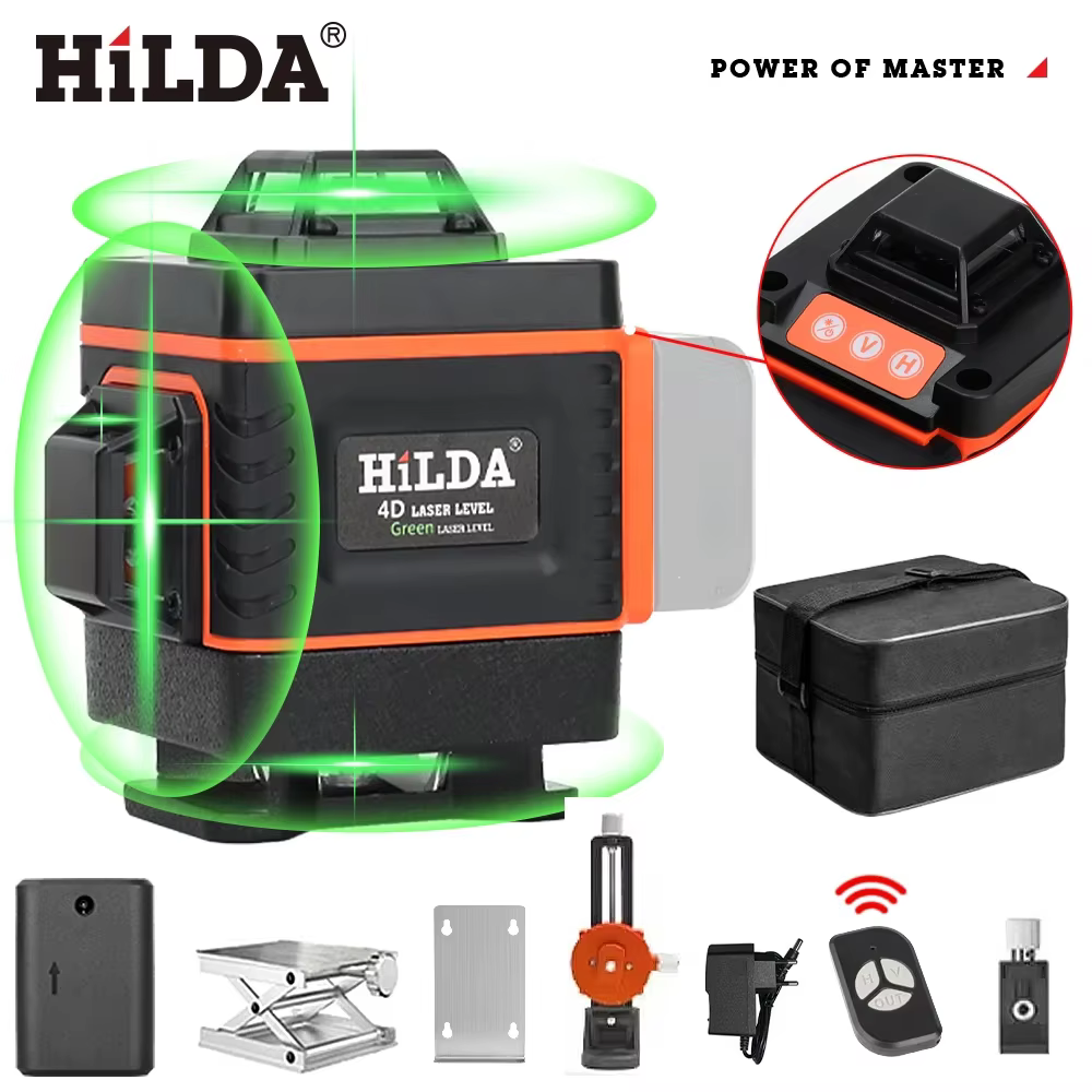 HILDA-Niveau Laser Vert 3D/4D, 12/16 Lignes Auto-Abrasives, Croix Horizontale et Verticale à 360 °, Super Injuste