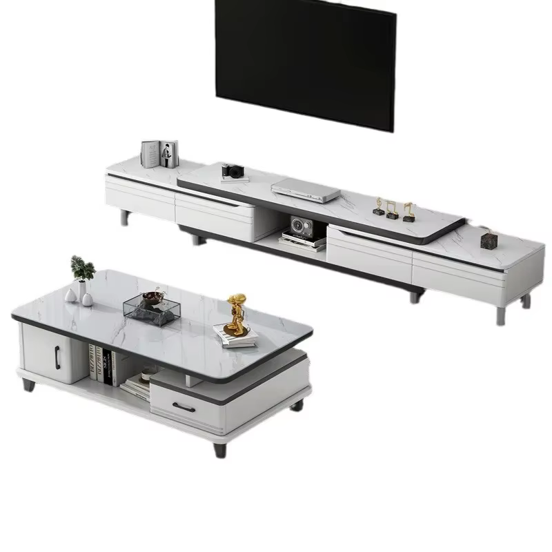 Meuble TV LED moderne pour téléviseurs, table basse, étagères en verre et tiroir, centre de divertissement de jeu avec plusieurs armoires
