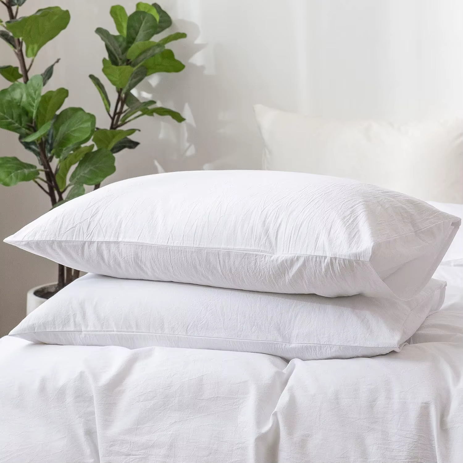 Taies d'oreiller standard, lot de 1, 100 % coton lavé, aspect lin, texturées, respirantes, durables, douces, blanches unies, sans inserts